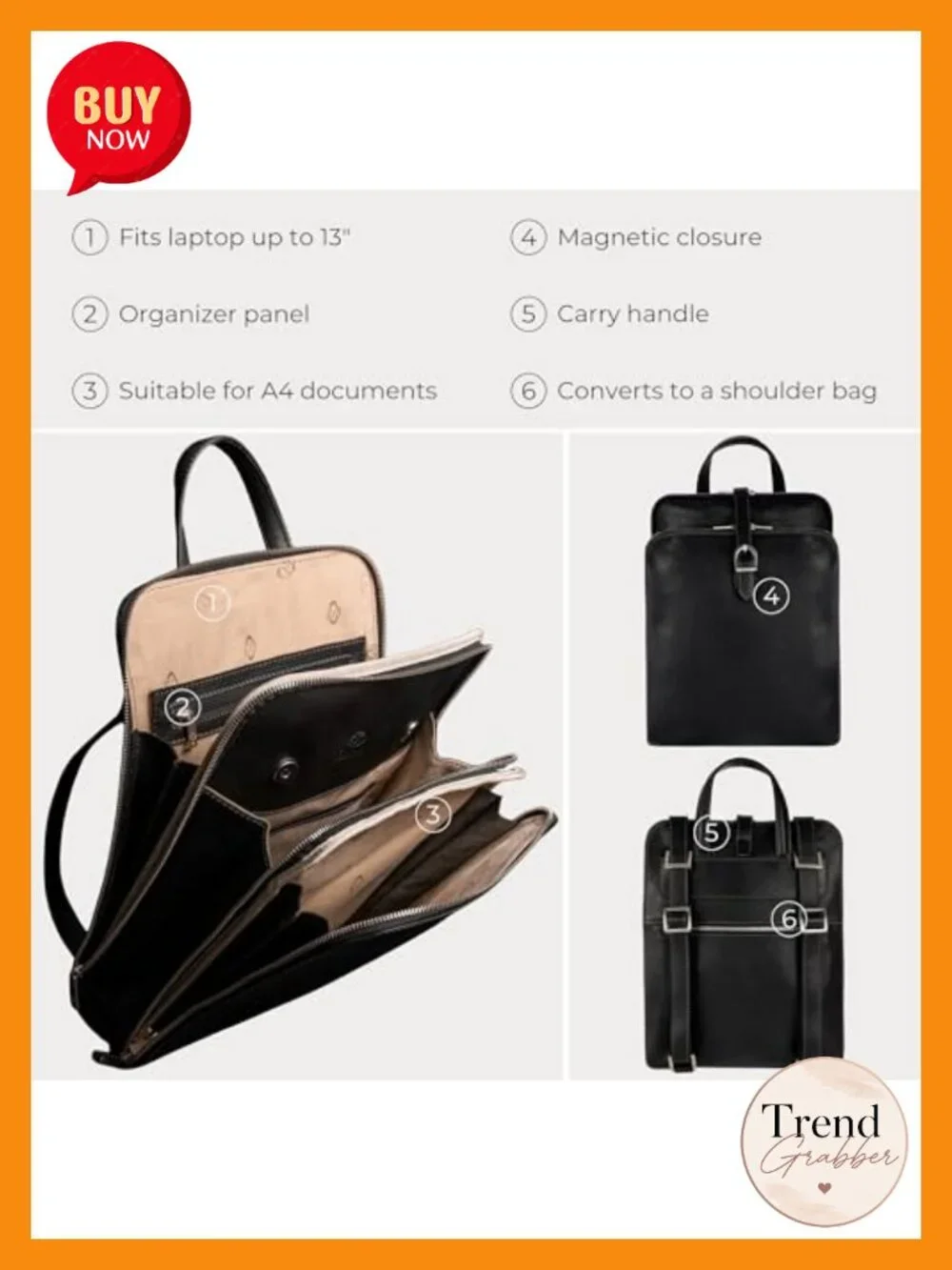 Full Grain Leather Convertible Backpack Shoulder Bag Fits 13